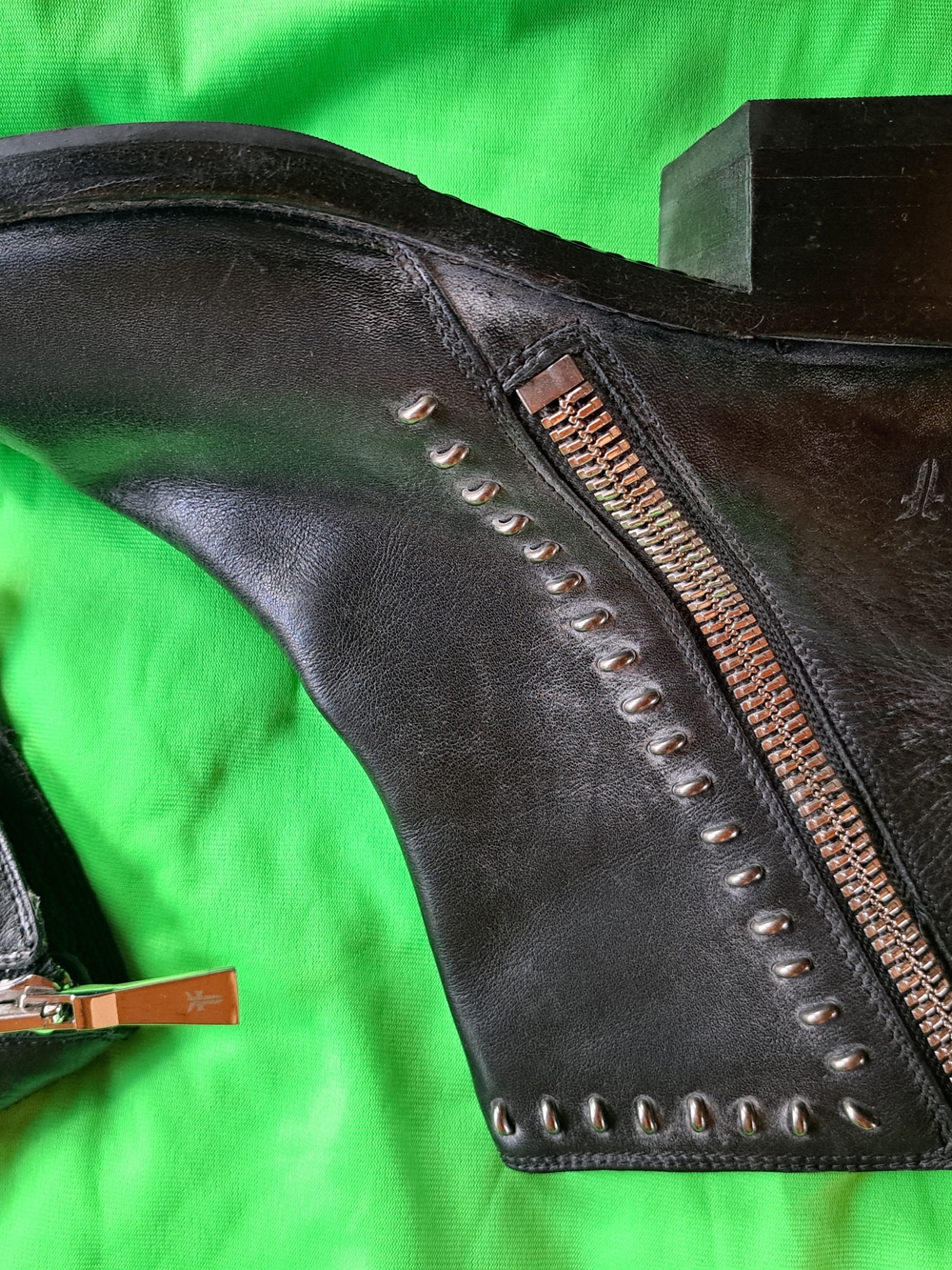 Frye Black Leather Studded Ankle Boots with Silver Zipper - Picture 3 of 7